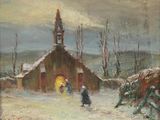 une peinture à l'huile représentant une église sous la neige, devant laquelle passent des gens