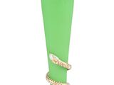 a green glass vase with gold trimmings and a snake on it