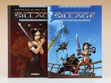 deux livres posés sur une surface blanche, avec une femme tenant une épée et un bateau pirate en arrière-plan