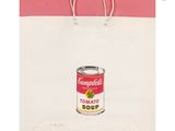 a white shopping bag with a campbell ' s tomato soup can on it