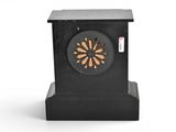 a close up of a small black clock on a white background