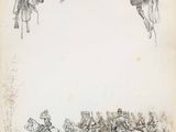 drawing of a group of men riding horses under a large arch