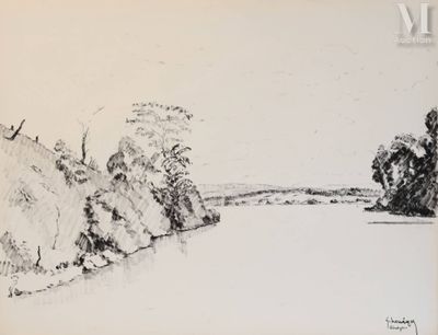 dessin représentant un paysage avec une rivière et des arbres au premier plan