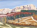 une peinture à l'huile d'un paysage avec une montagne en arrière-plan