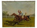 tableau représentant deux jockeys à cheval dans un champ bordé d'une clôture