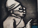 painting of a man in a hat and glasses holding a baseball bat
