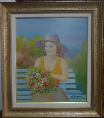 un tableau représentant une femme assise sur un banc avec un bouquet de fleurs