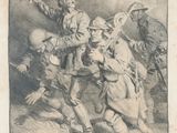 drawing of a group of soldiers fighting with a man holding a sword