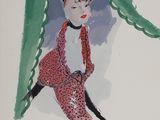une illustration représentant une femme en robe rose et chapeau, assise sur une chaise