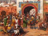 peinture d'un groupe de personnes devant un bâtiment
