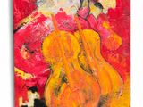 un tableau représentant une femme en robe rouge tenant une guitare