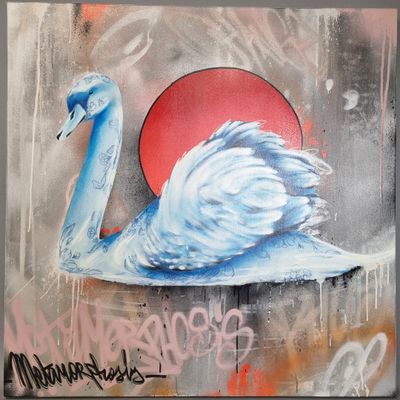 tableau représentant un cygne blanc avec un soleil rouge en arrière-plan