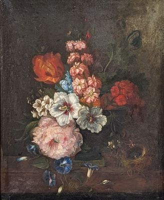 painting of a still life of flowers in a vase on a table