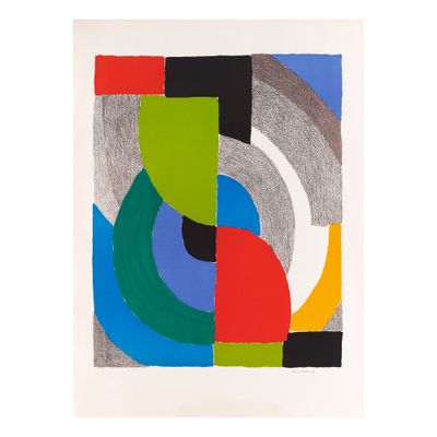 an abstract painting of a circle and a circle with a red, green, blue, yellow, and black
