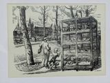 a black and white drawing of a man and a child in front of a cage