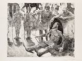 drawing of a man sitting on the ground in front of a group of soldiers