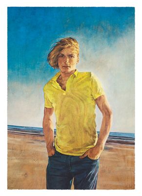 a painting of a man standing on a beach with his hands in his pockets