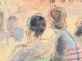dessin représentant un groupe de personnes assises devant un micro