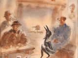 a watercolor painting of a bird sitting on a table