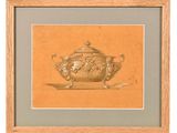 painting of a silver teapot on a gold background in a wooden frame