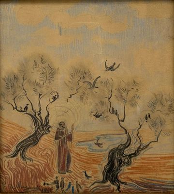 an image of a painting of a man standing in a field with birds flying around