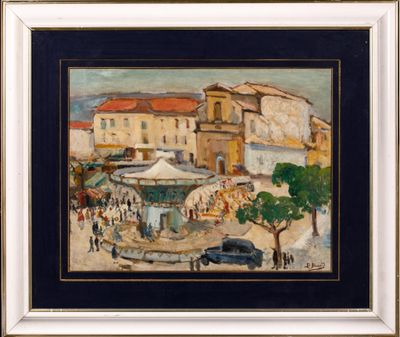 une peinture représentant une scène de rue avec une voiture garée devant un immeuble