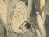 a painting of a man holding a sign in front of a group of tombstones