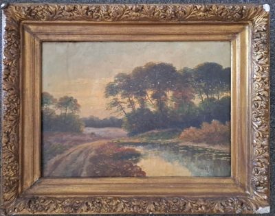 an oil painting of a landscape with a river and trees