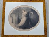 an old picture of a woman in a white dress is hanging on a wall