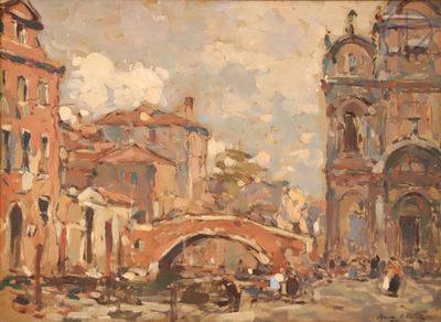 tableau représentant une scène de rue avec un pont et des bâtiments en arrière-plan