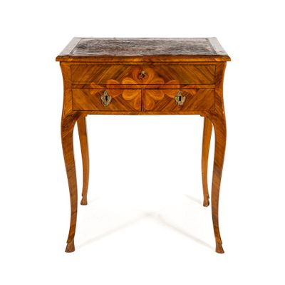 an image of a small wooden table with marble top