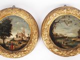 paire de peintures à l'huile du XIXe siècle représentant des personnages dans un paysage