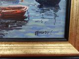 un tableau représentant des bateaux flottant sur l'eau dans un port