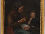 painting of a man and a woman eating apples in a dark room