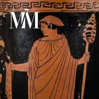 a vase with an image of a man holding a spear
