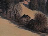 a painting of a house in the middle of a hill