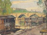 une peinture représentant un train sur les rails, près d'un pont