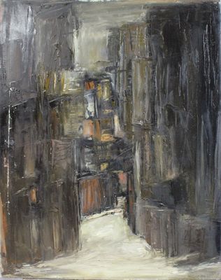 an oil painting of a hallway leading to a building with a clock on the wall