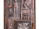 an image of a wooden plaque with a picture of a man and a woman
