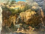 une peinture à l'huile représentant une cascade avec des personnages et des animaux