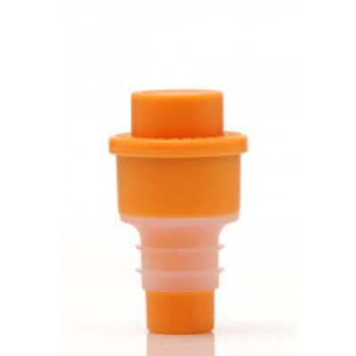 an orange and white cup with a plastic stopper on it