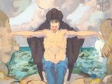 a painting of a man standing on a beach