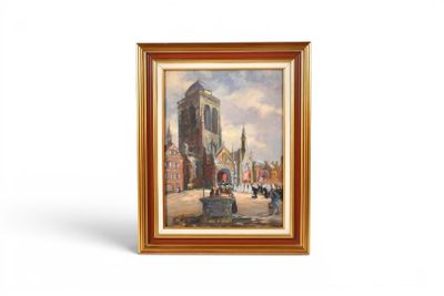 an image of a painting of a street scene with a church in the background