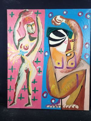 deux tableaux représentant un homme et une femme sur fond noir