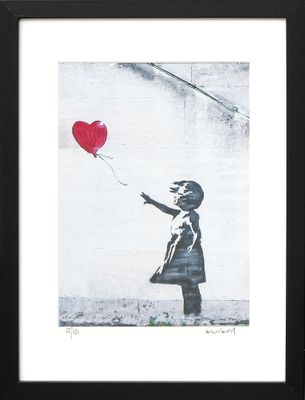 framed picture of a girl with a red balloon in the shape of a heart