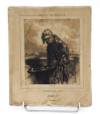 un vieux livre sur lequel figure le dessin d'un homme debout sur un bateau