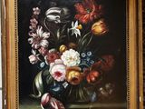 tableau représentant une nature morte composée de fleurs dans un vase en verre posé sur un rebord
