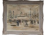 an oil painting of people walking on a beach with boats in the background