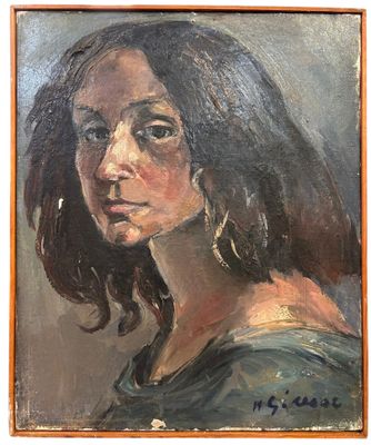 an oil painting of a woman ' s face in a brown frame