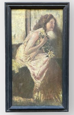 une peinture à l'huile représentant une femme assise sur le rebord d'une fenêtre, tenant une fleur